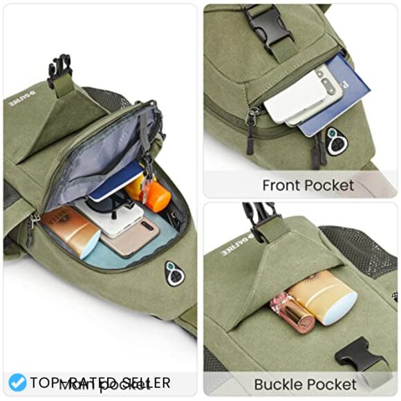 Canvas Sling Backpack Daypack with USB Port RFID Blocking Hiking Travel